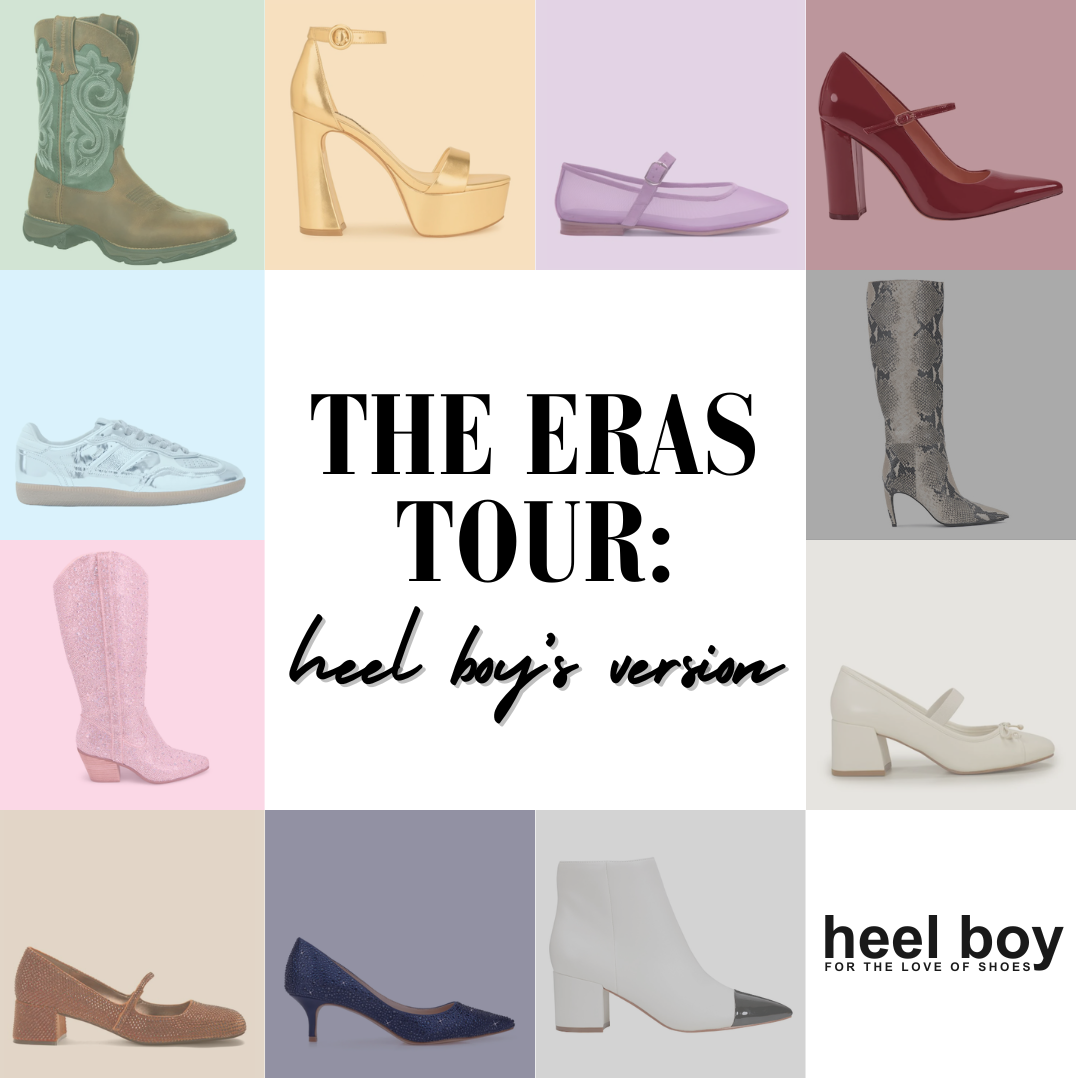 Various shoes in different colors to represent the eras of Taylor Swift albums