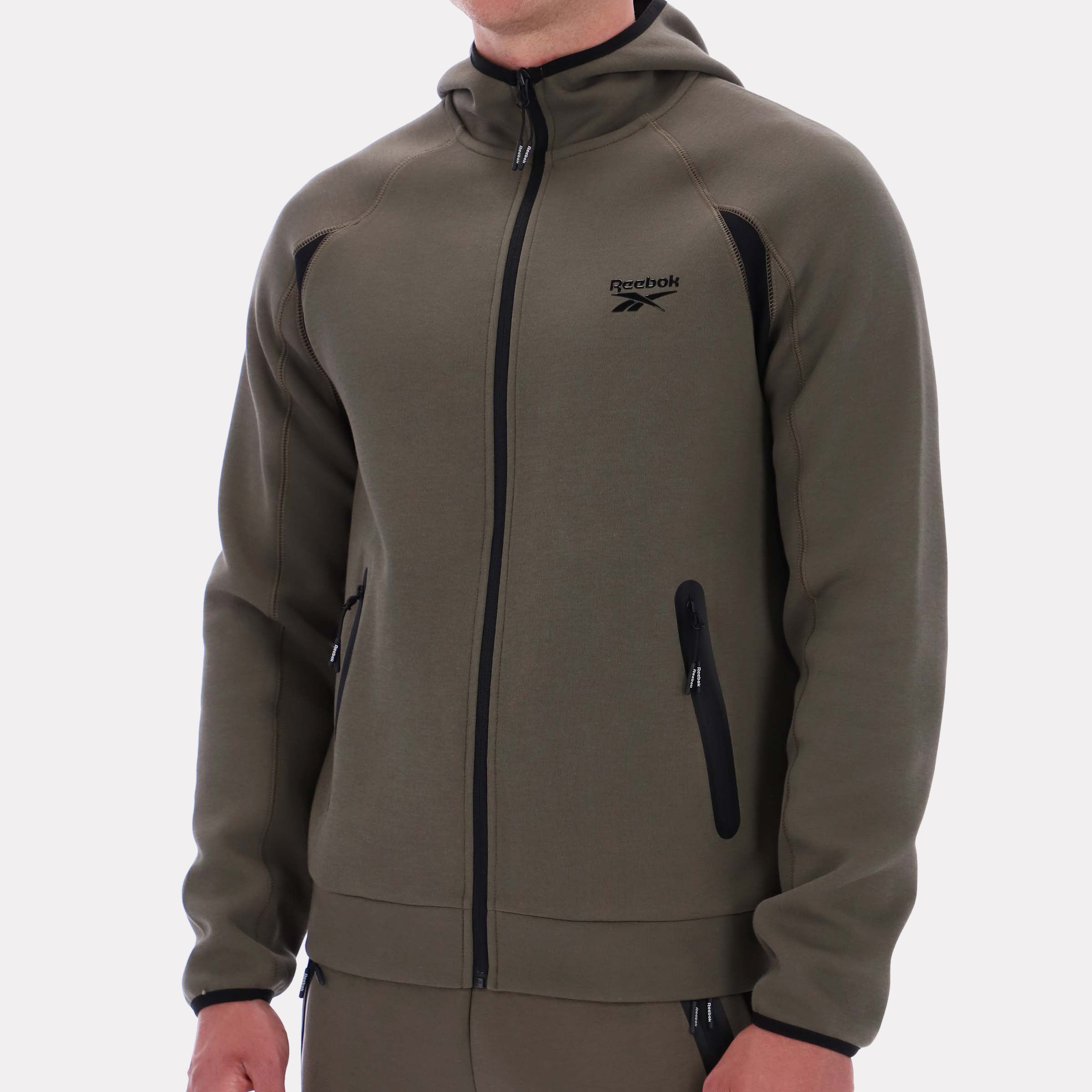 Reebok Men's Contrast Panel Zip Hoody  In Army REG