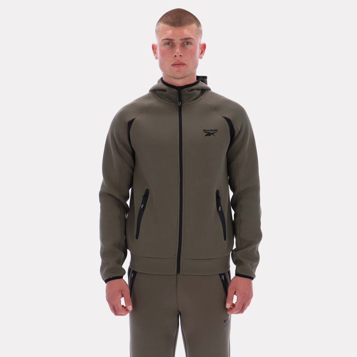 Reebok Men's Contrast Panel Zip Hoody  In Army REG