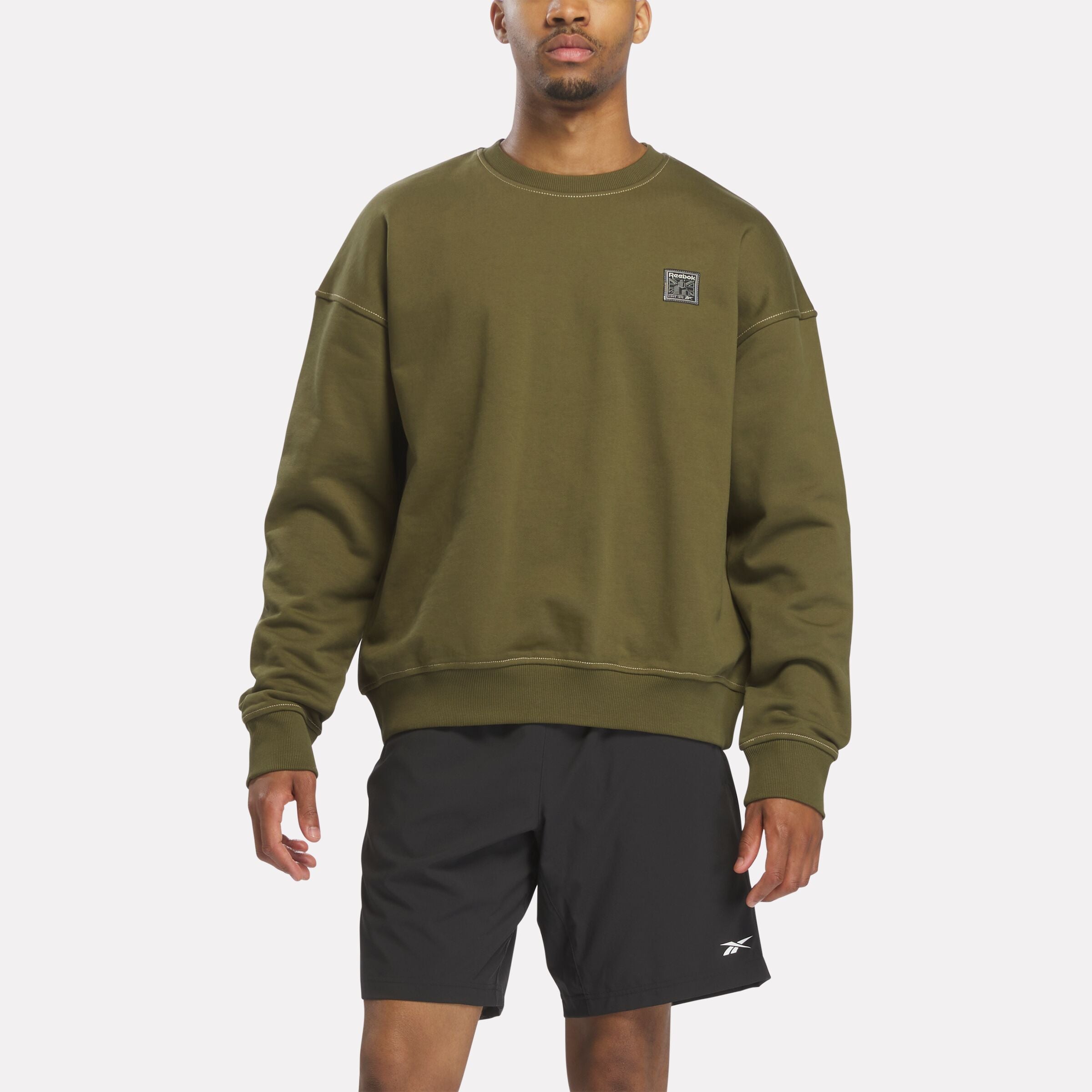 Reebok Men's Forge Standard Patch Logo Crew Neck In Olive REG