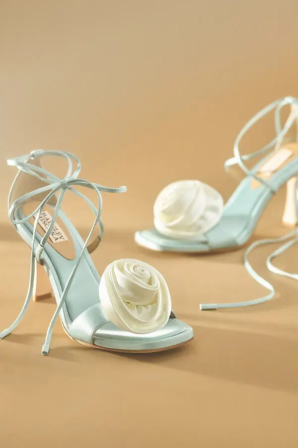 Blue satin heel sandal with 3D white flower detail