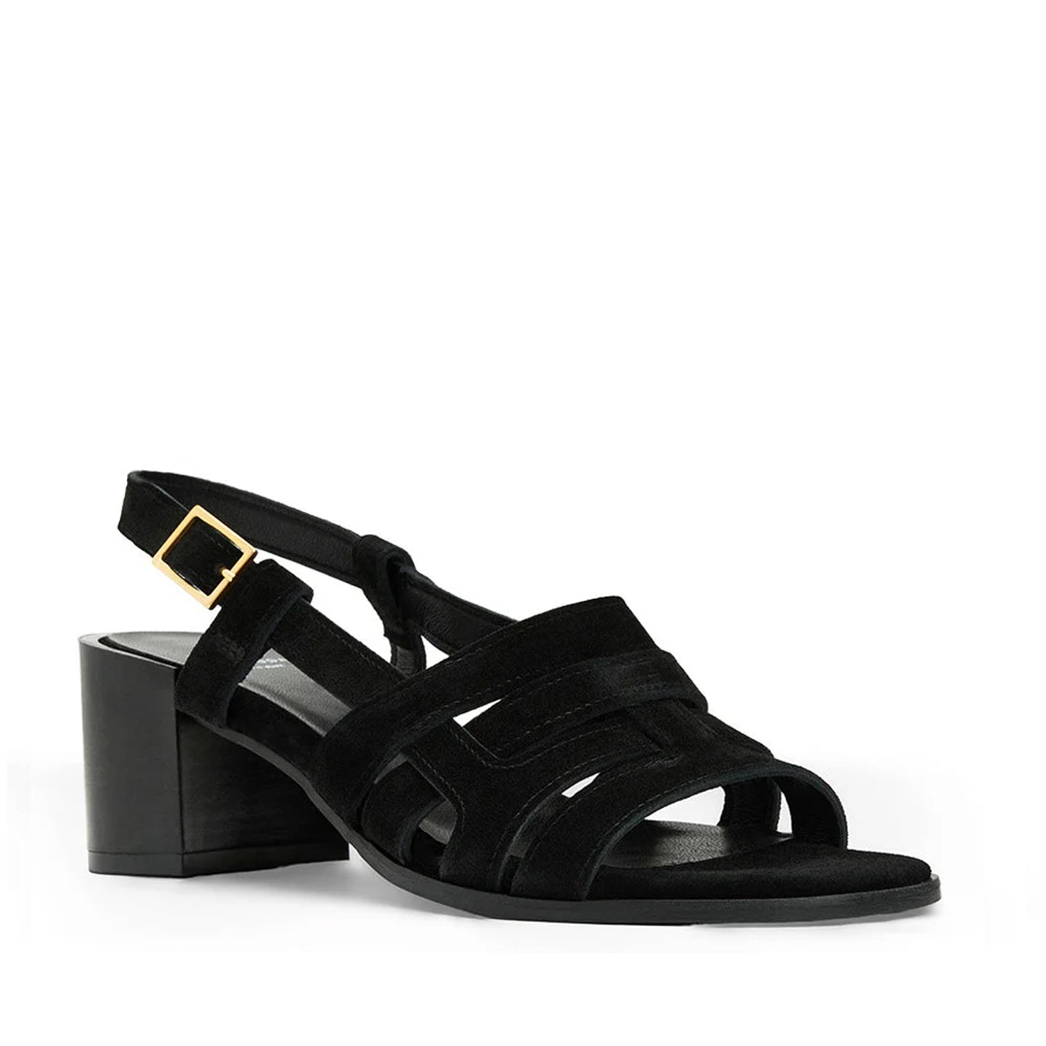 Black suede slingback heeled sandal with a fisherman design, peep toe, and block heel.