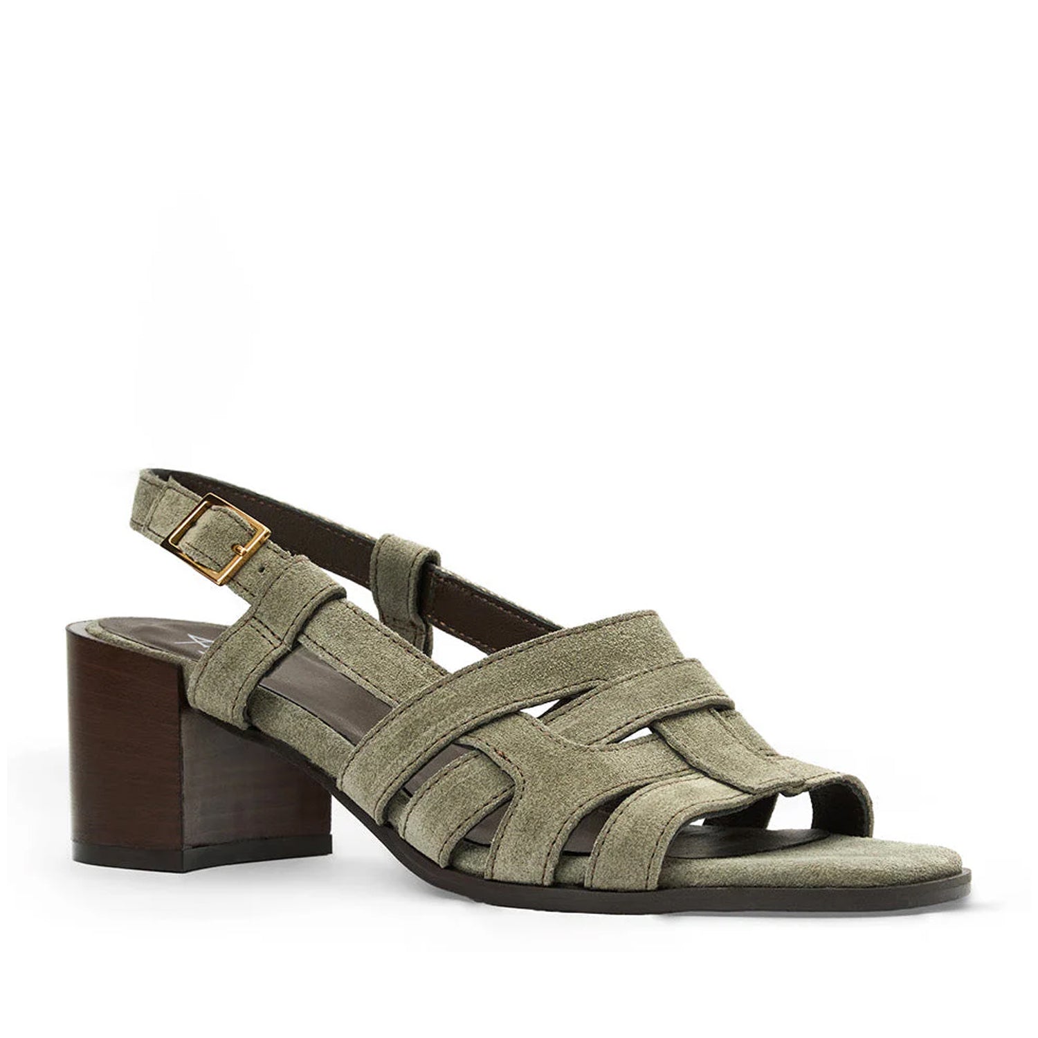 Sage green slingback heeled sandal with a fisherman design, peep toe, and block heel.