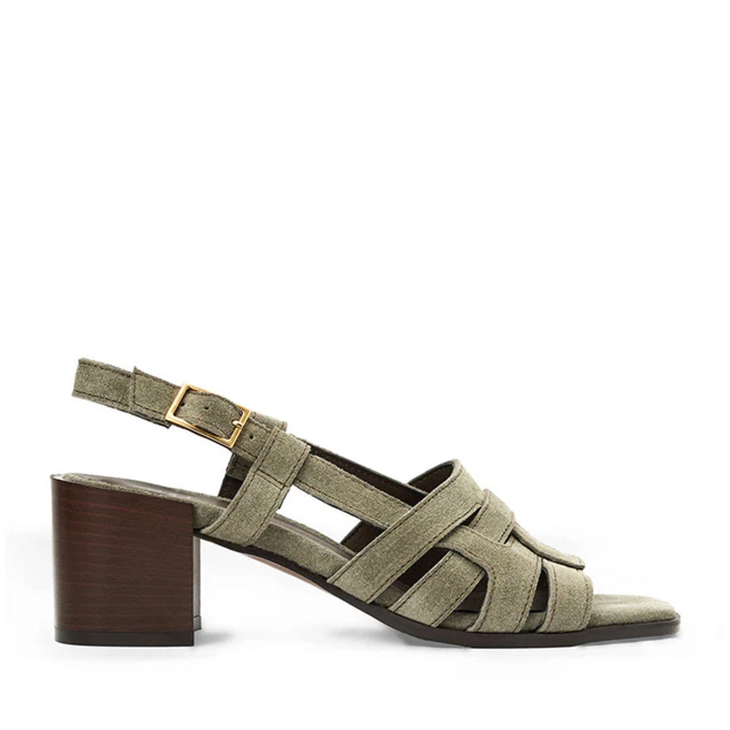 Sage green slingback heeled sandal with a fisherman design, peep toe, and block heel.