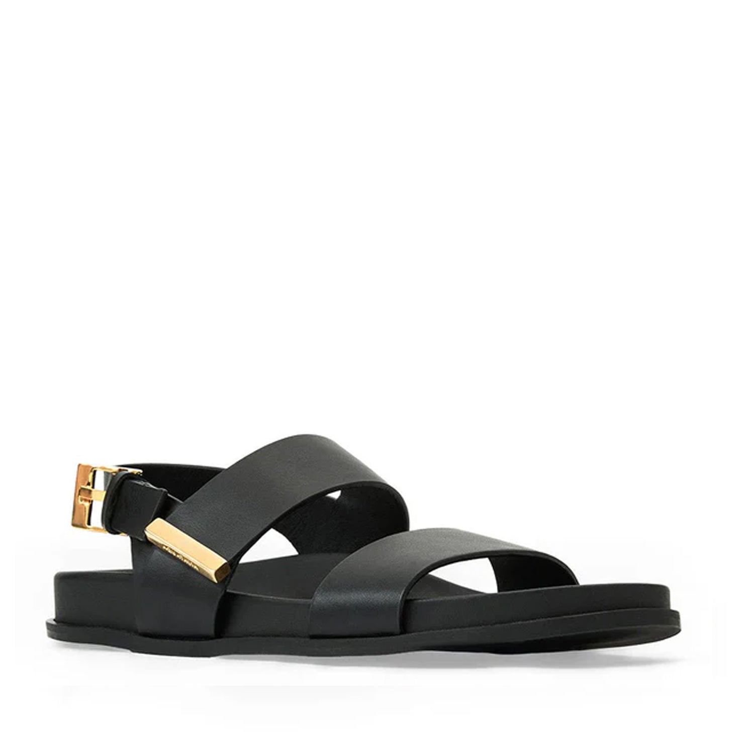 Black leather slingback slide with adjustable gold buckle. 