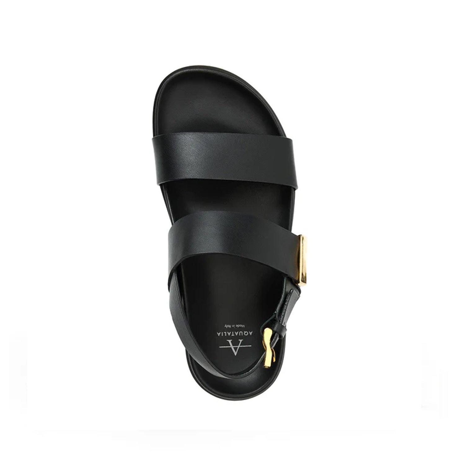 Black leather slingback slide with adjustable gold buckle. 
