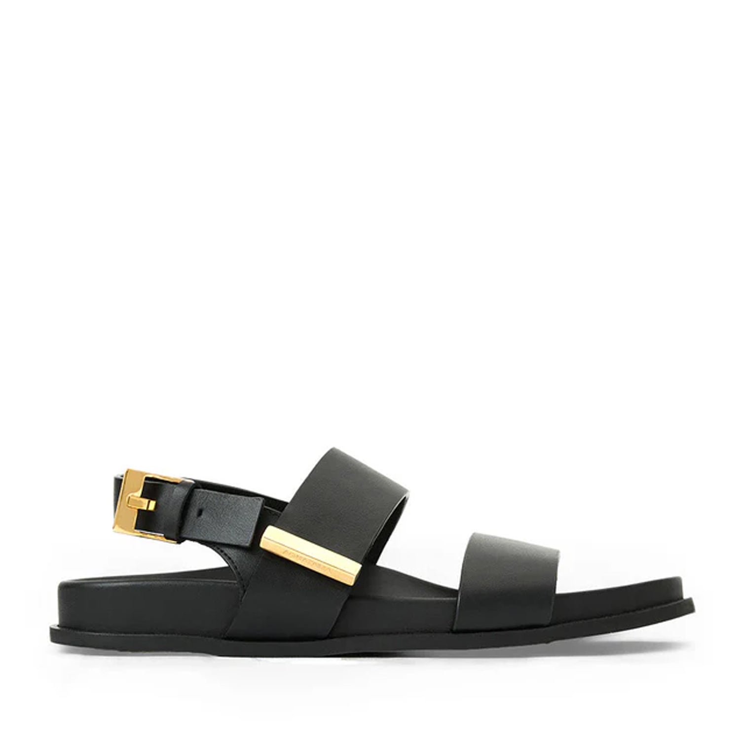 Black sandal with gold buckles on a white background