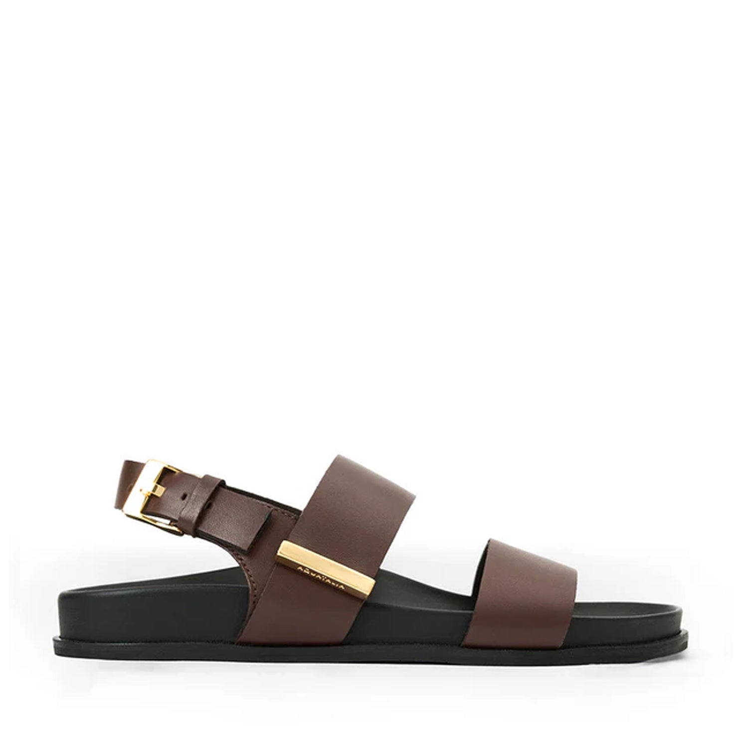 Dark brown leather slingback slide with adjustable gold buckle. 