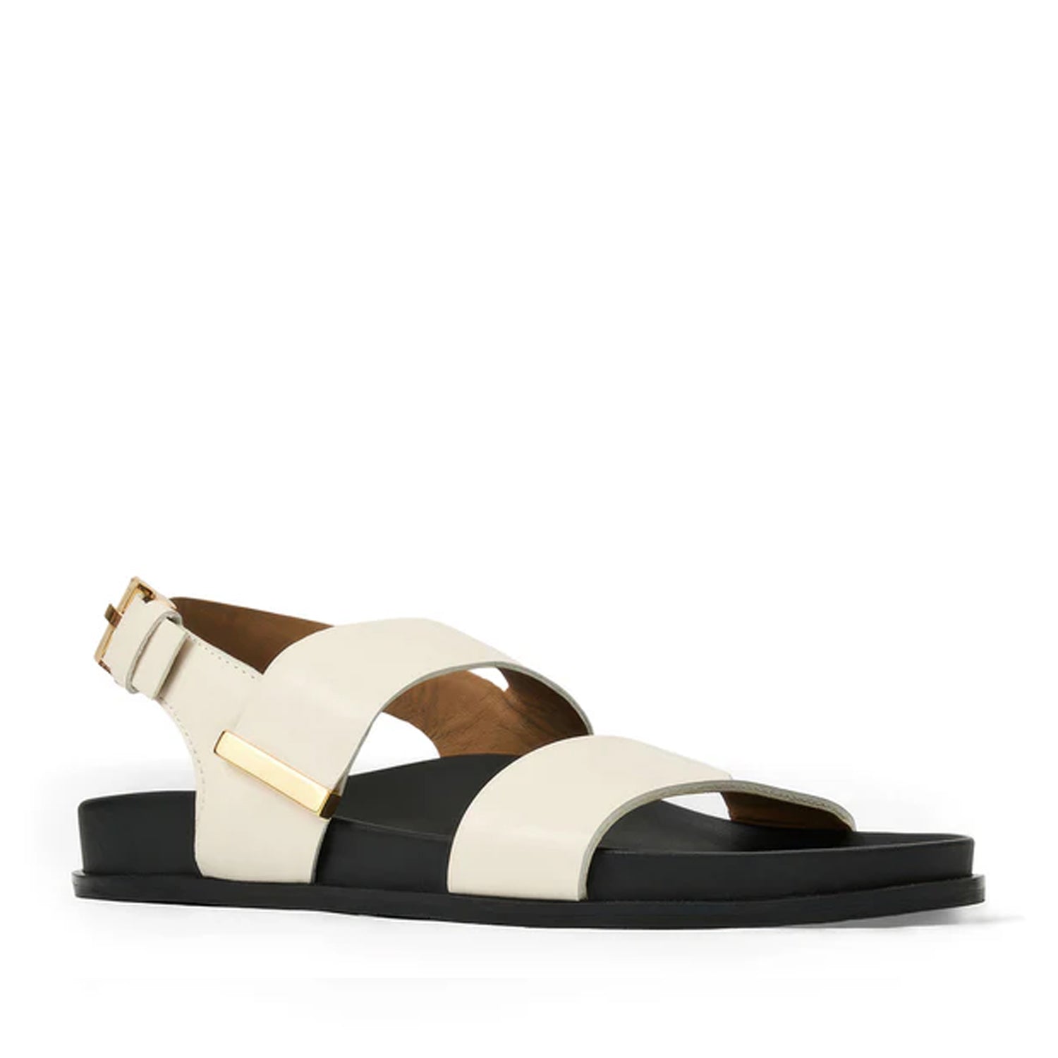 Cream leather slingback slide with adjustable gold buckle. 