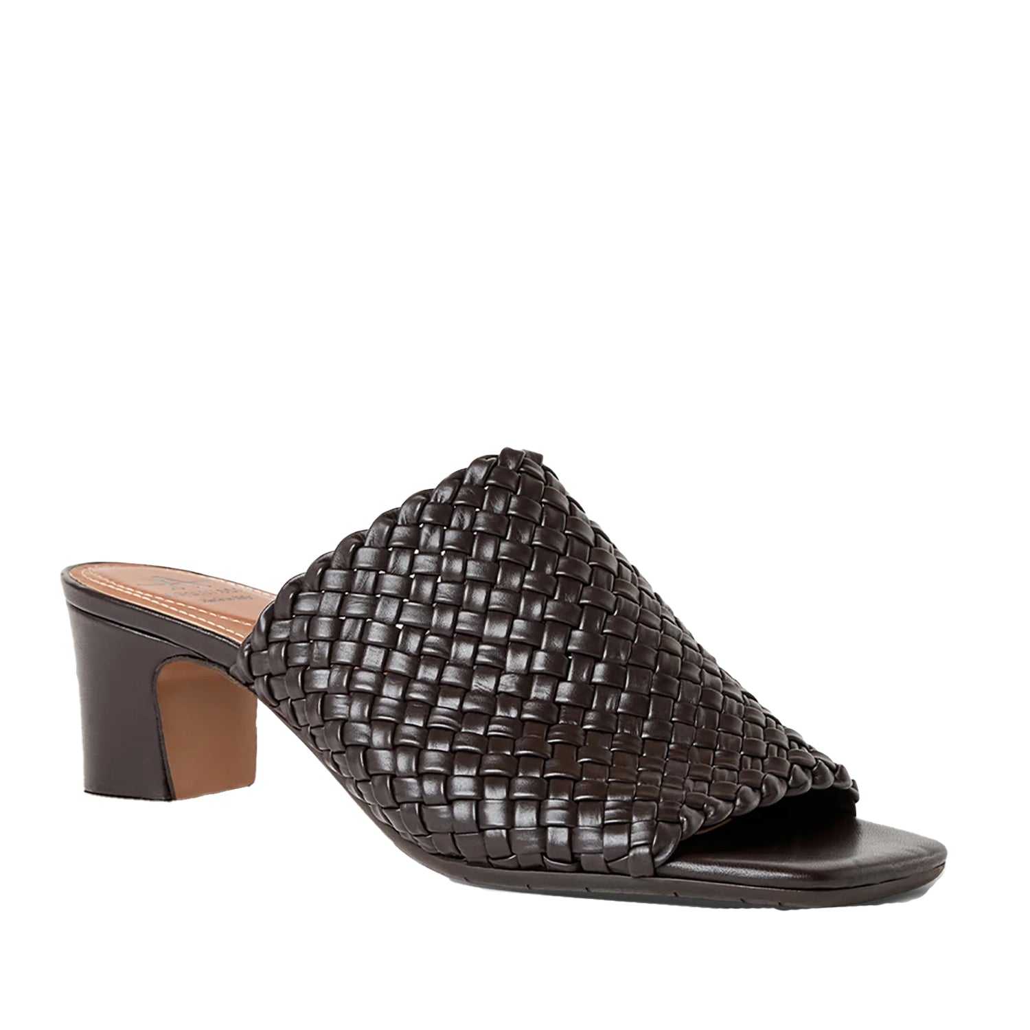Dark brown leather woven mule sandal with peep-toe, and block heel. 