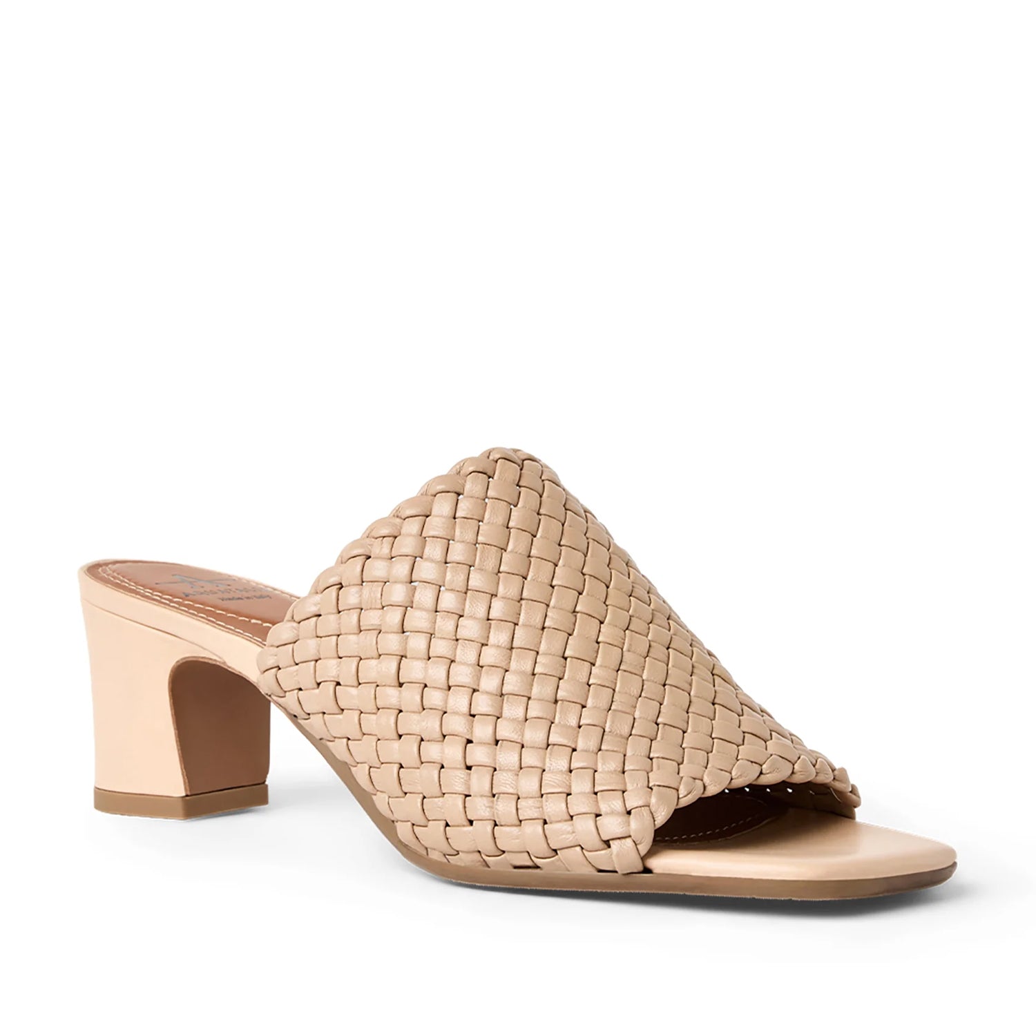 Cream beige leather woven mule sandal with peep-toe, and block heel. 
