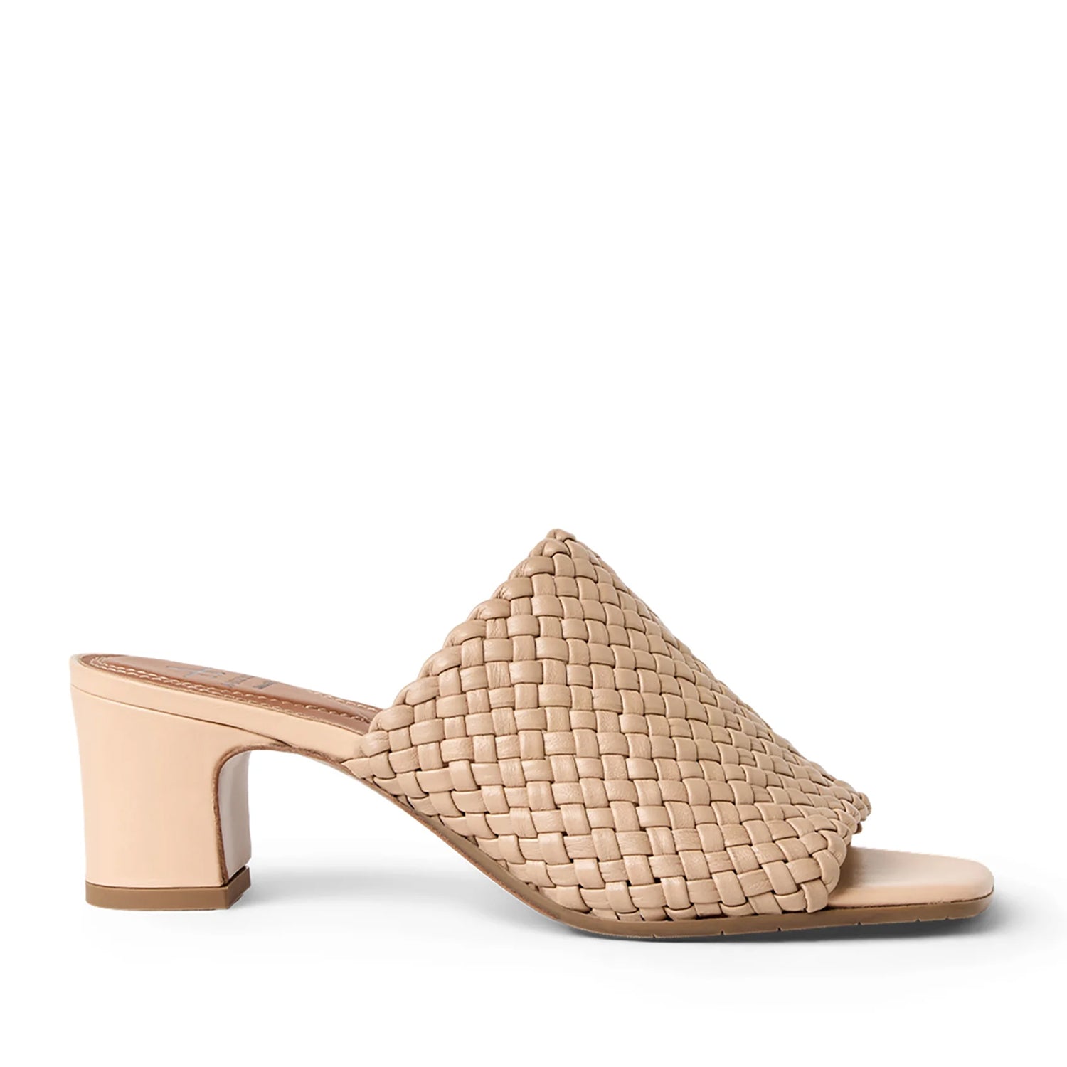 Cream beige leather woven mule sandal with peep-toe, and block heel. 