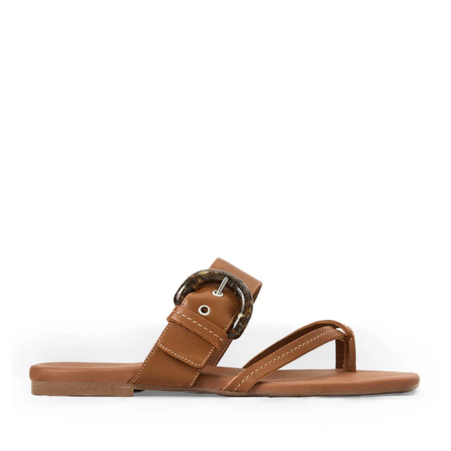 Brown sandal with a strap and buckle on a white background