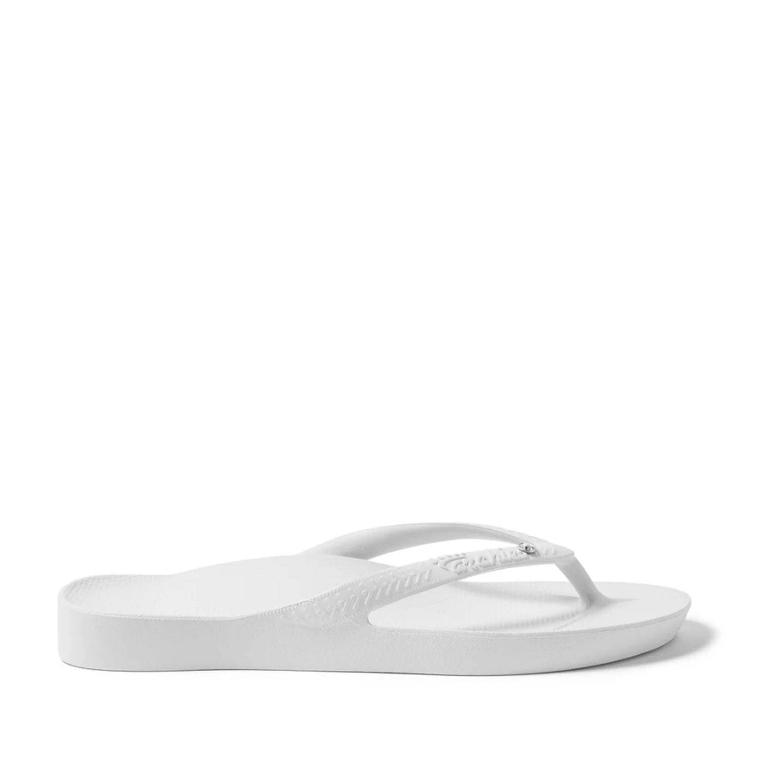 Crystal White thong flip flops on a Crystal White background