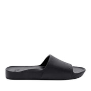 Black slide sandals on a white background
