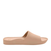 Tan slide sandals on a white background