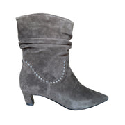 brown slouchy suede pointed-toe kitten heel ankle boot on a white background