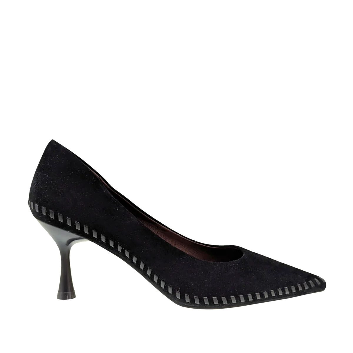 black suede stitch-trim pump on a white background