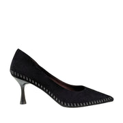 black suede stitch-trim pump on a white background