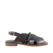 Brown leather slingback sandal with low heel on a white background.