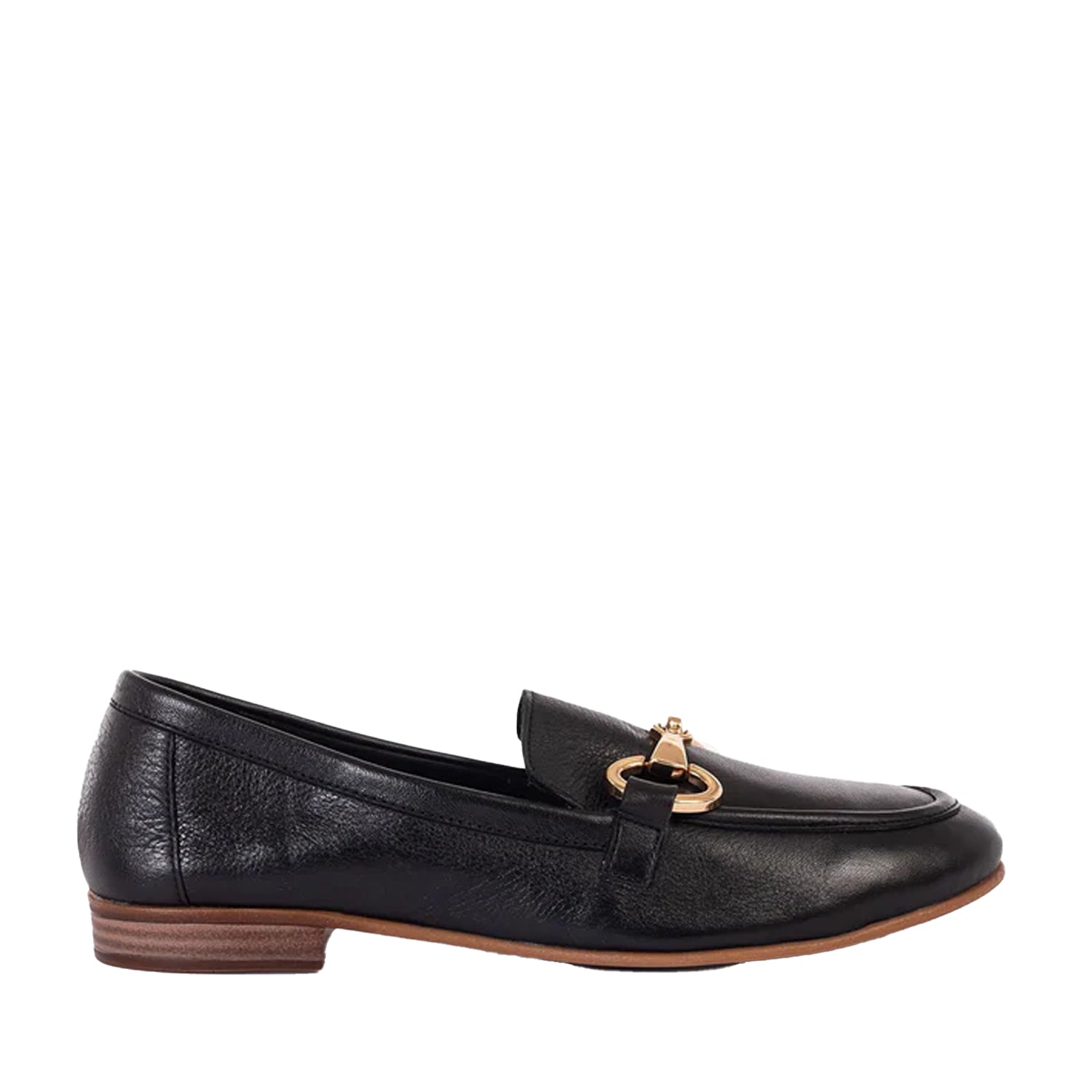 Black loafer shoe with a gold buckle on a white background