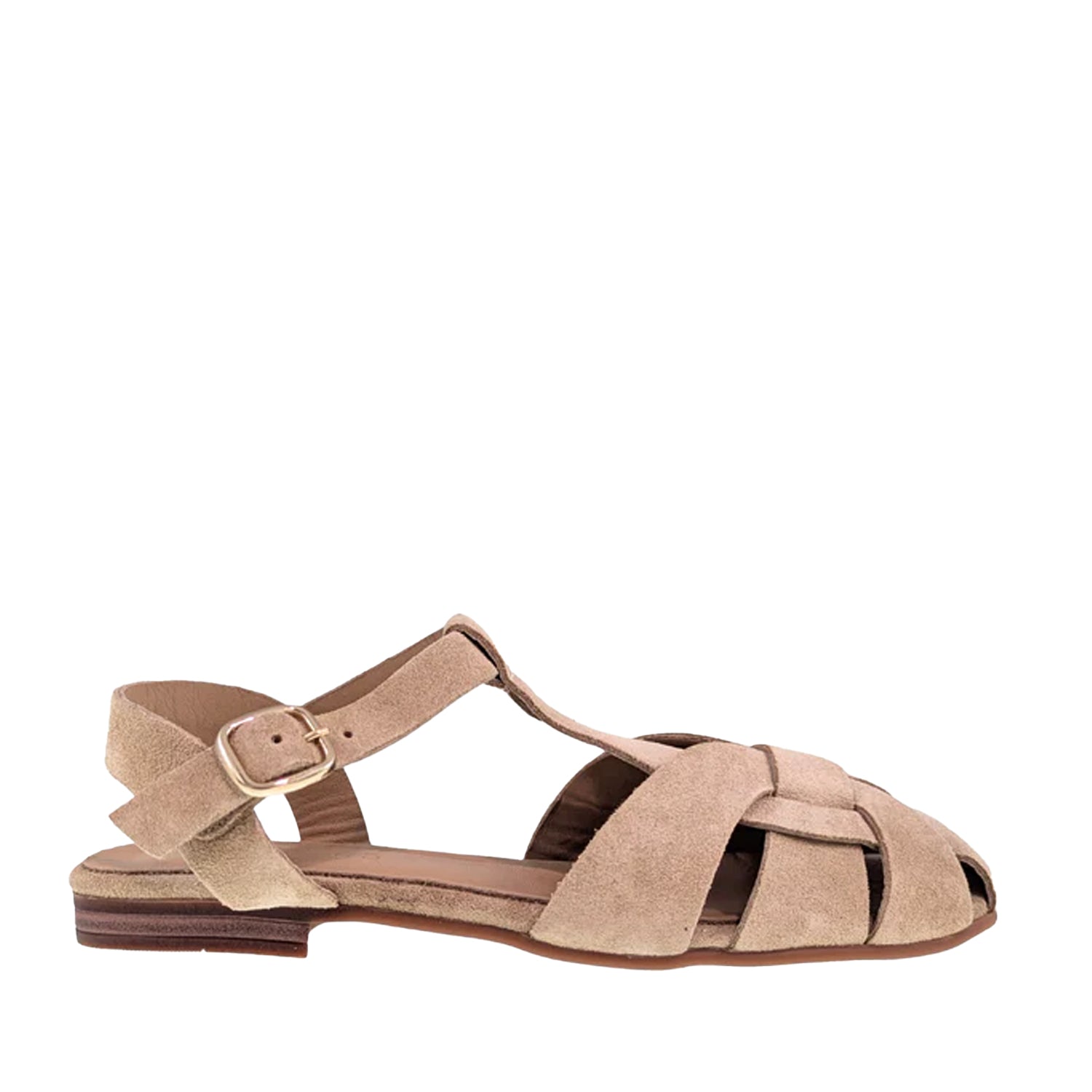 Beige sandal with a buckle on a white background