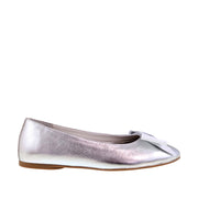 Silver Metallic flat shoe with a bow on a white background