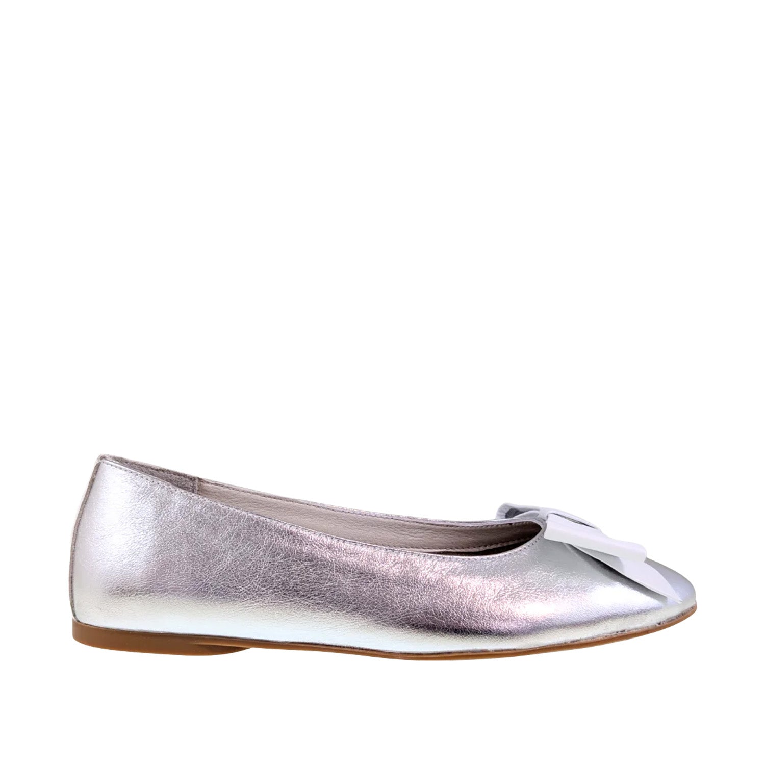 Silver Metallic flat shoe with a bow on a white background