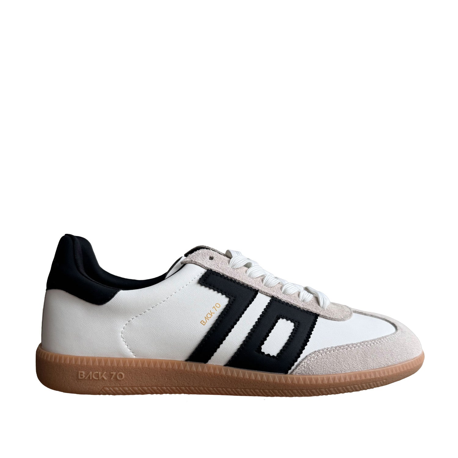 white and black leather retro low-top sneaker on a white background
