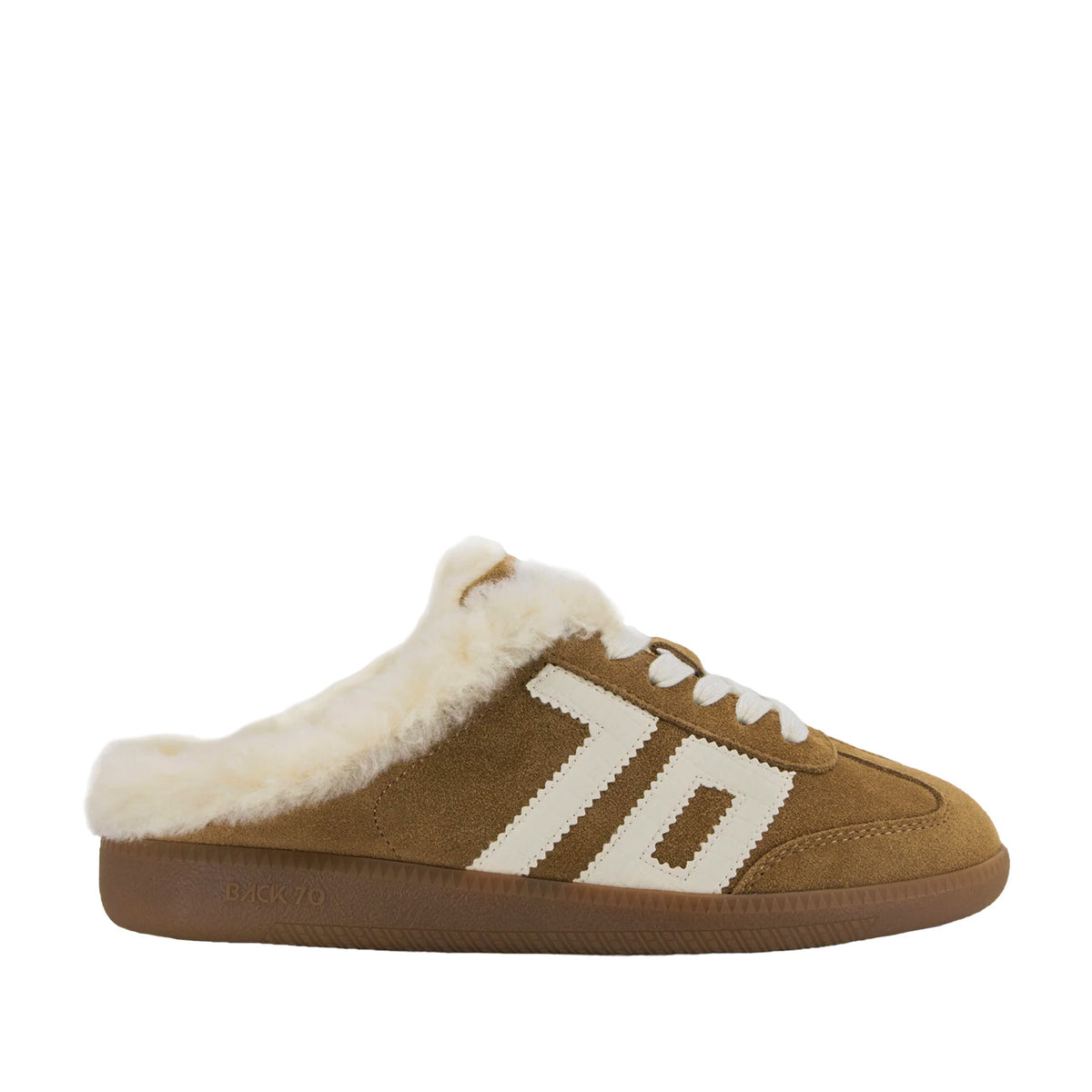 tan sneaker mule with fur trim on a white background