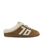 tan sneaker mule with fur trim on a white background