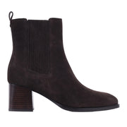 brown suede block heel boot with side panelling on a white background