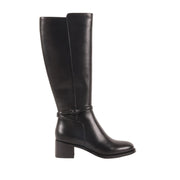 black leather wedge boot on a white background