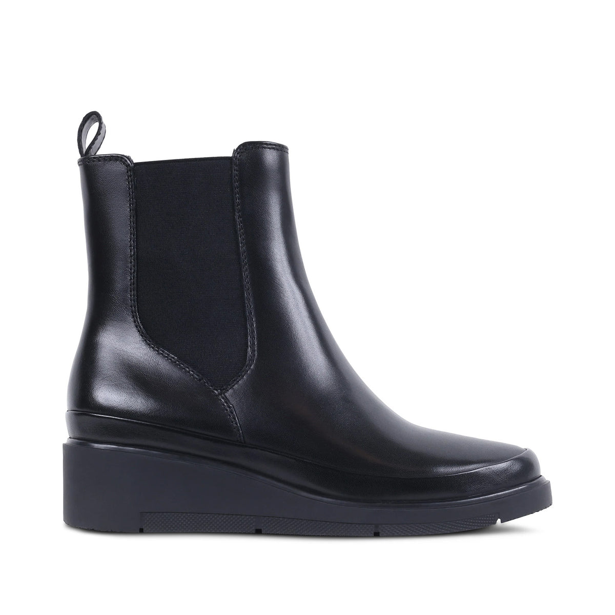 black leather wedge boot on a white background