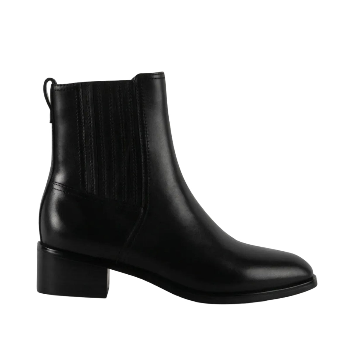 black ankle boot with block heel, side panelling, and zipper side closure on a white background