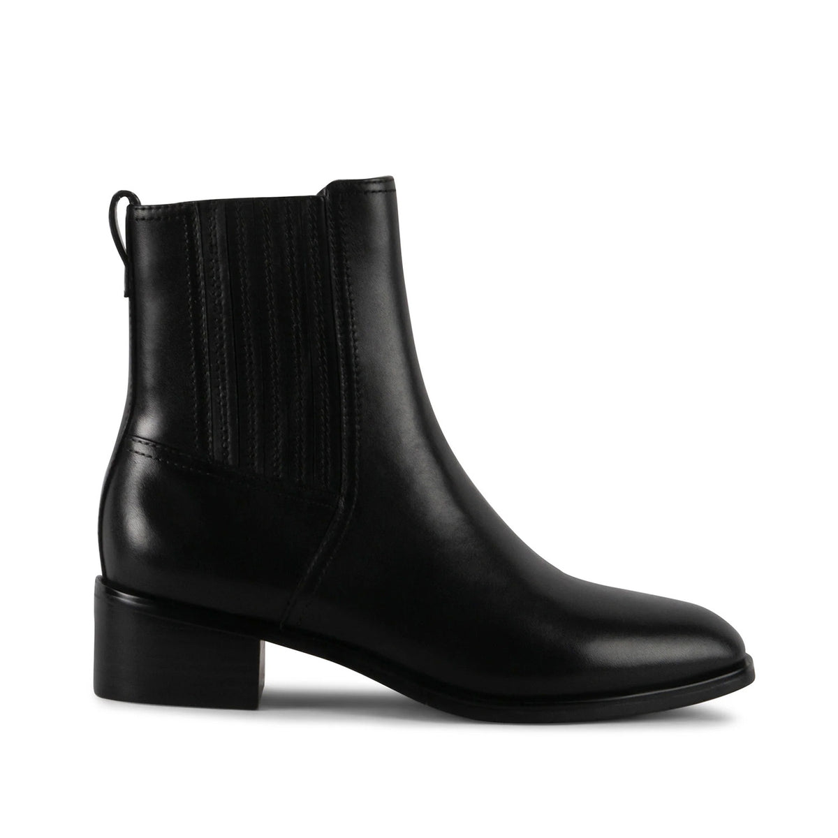 black ankle boot with block heel, side panelling, and zipper side closure on a white background