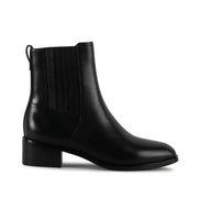black ankle boot with block heel, side panelling, and zipper side closure on a white background