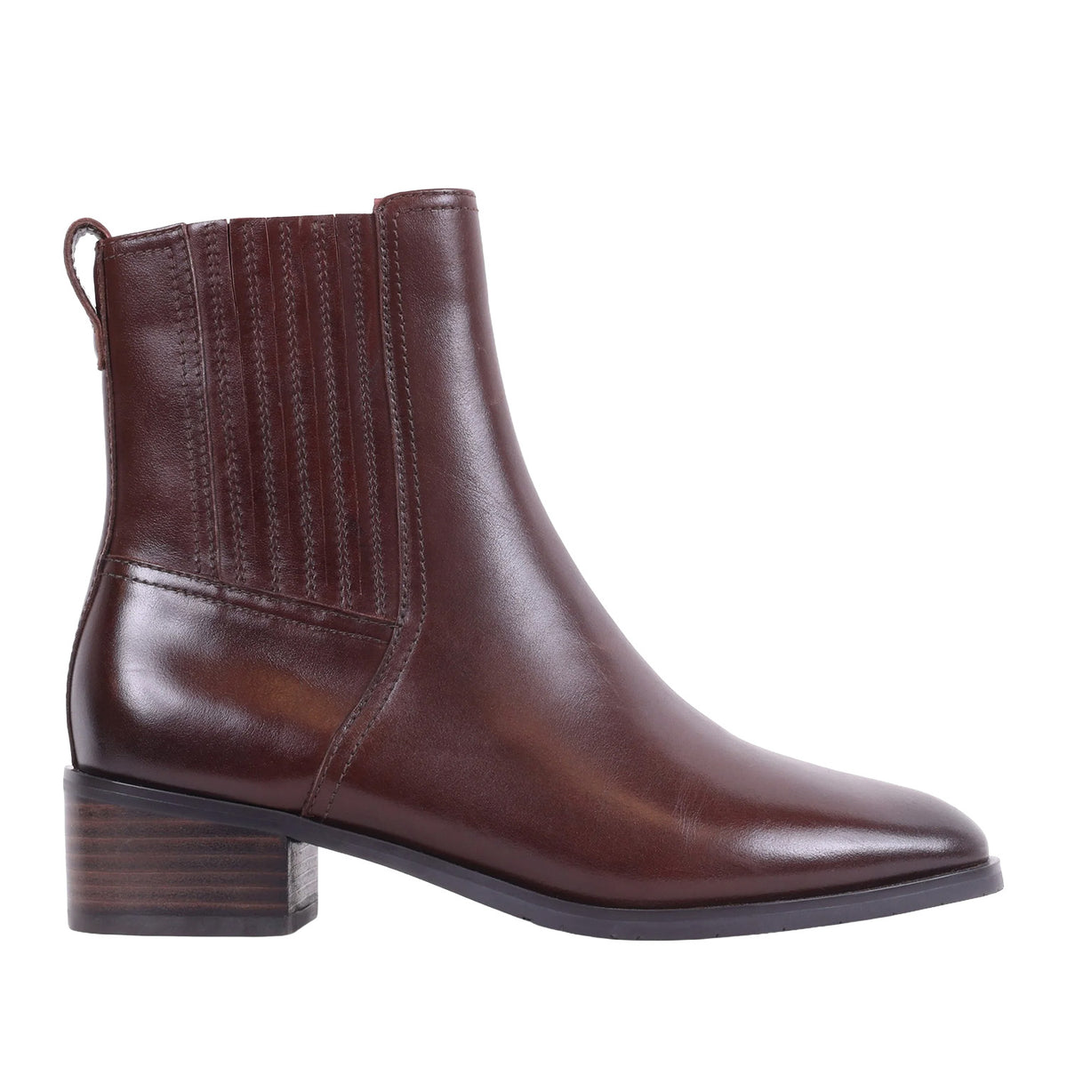 brown ankle boot with block heel, side panelling, and zipper side closure on a white background