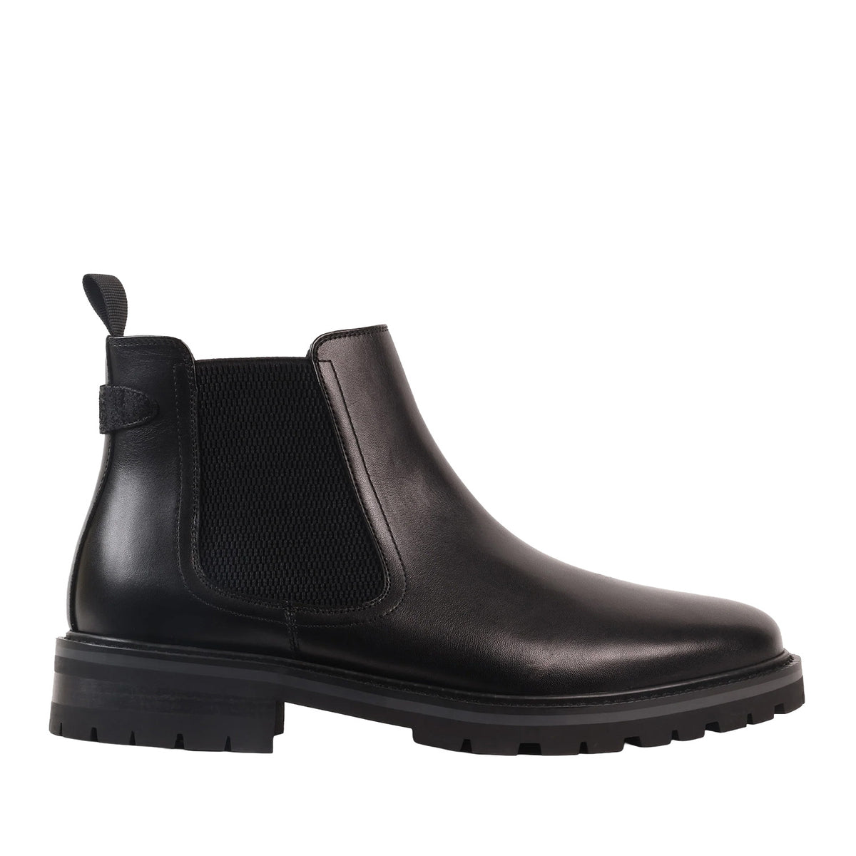 black leather chelsea boot on a white background