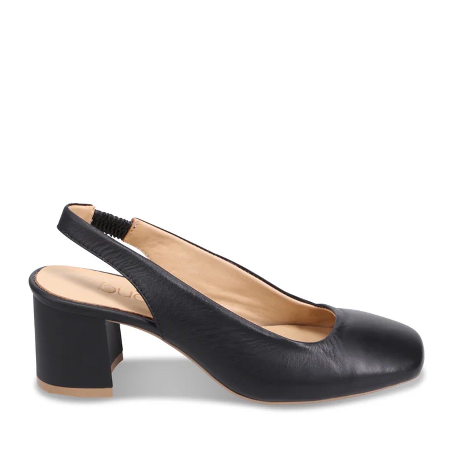 Black leather slingback shoe on a white background