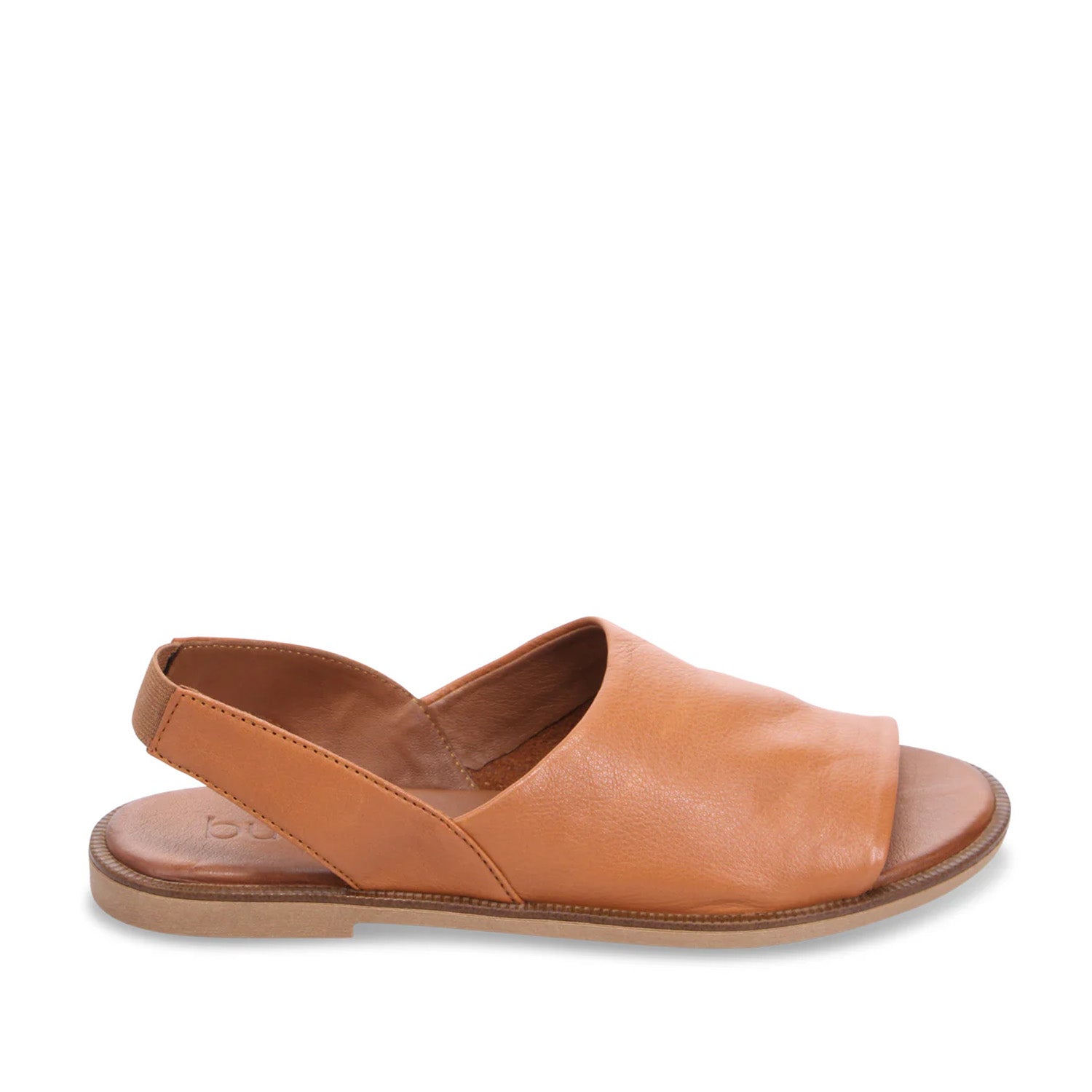 Orange brown leather slingback sandal with peep toe on a white background