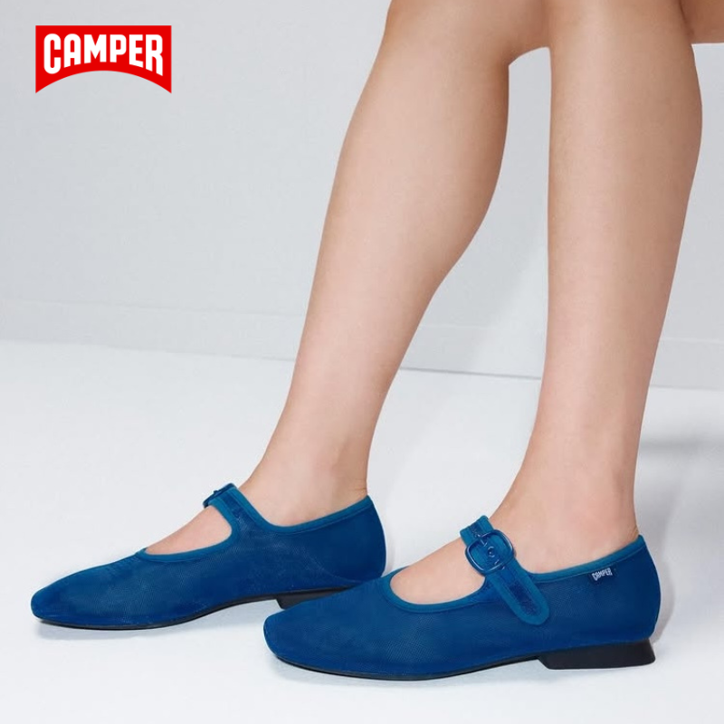 Mesh blue mary jane flat on grey background