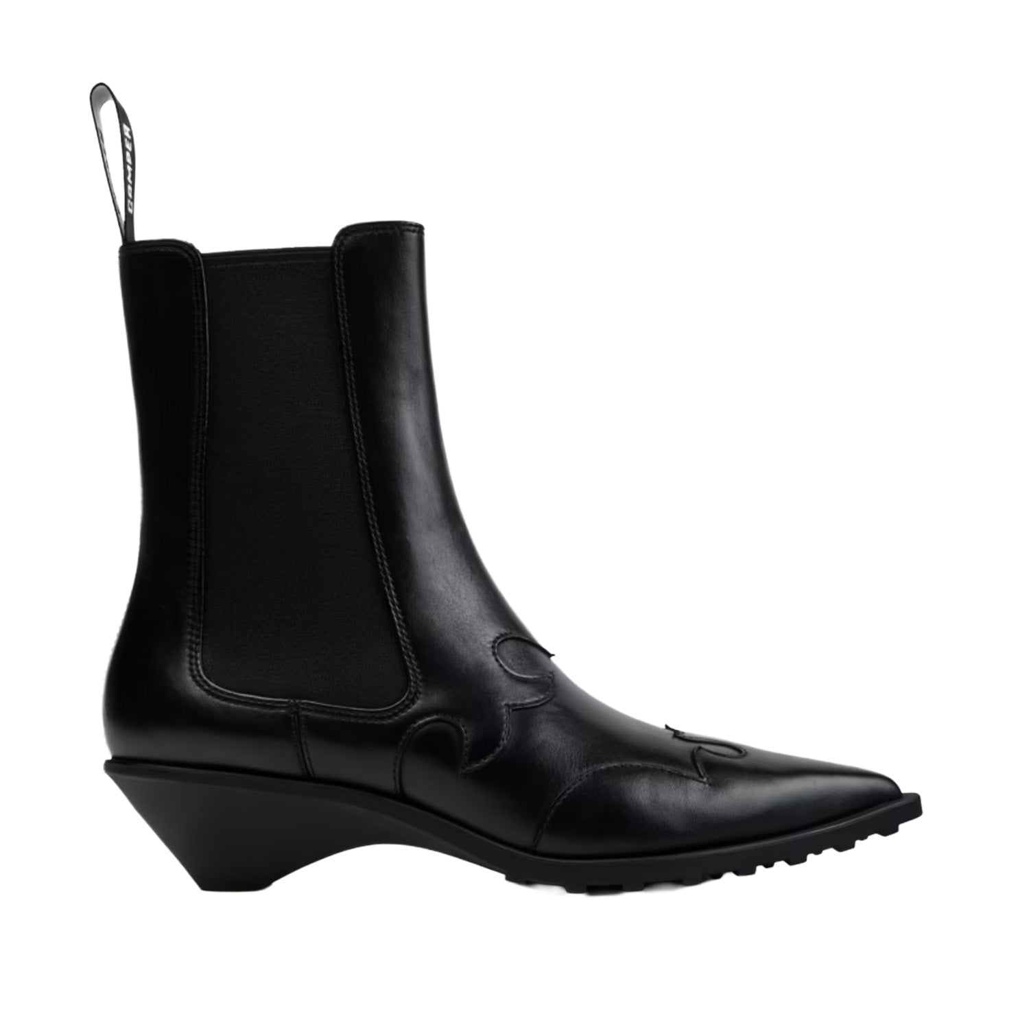 black cowboy chelsea boot with 3D toe detailing on a white background