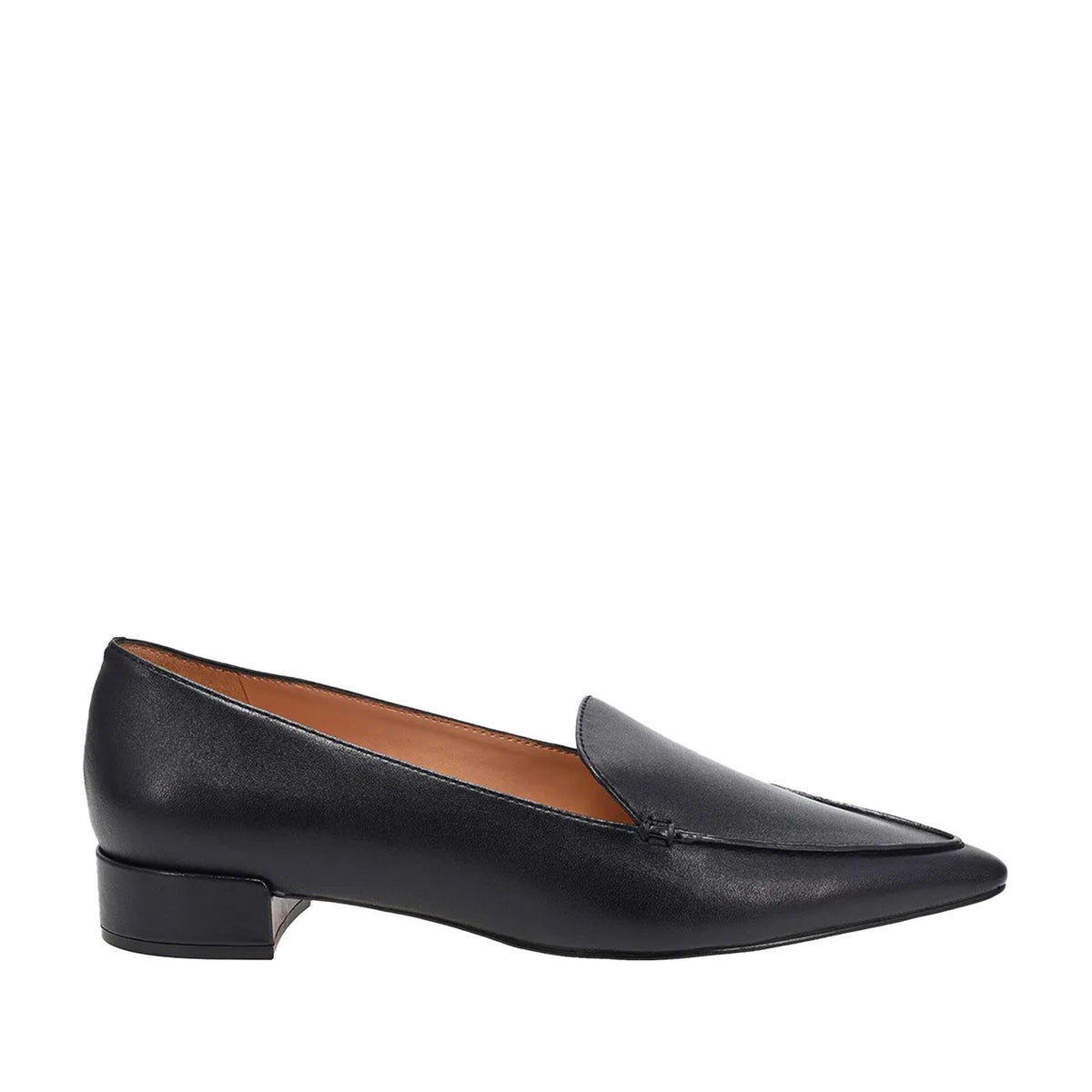 black leather pointed toe heeled loafer on a white background