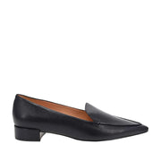 black leather pointed toe heeled loafer on a white background