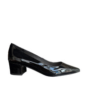 black leather pointed-toe low block heel on a white background