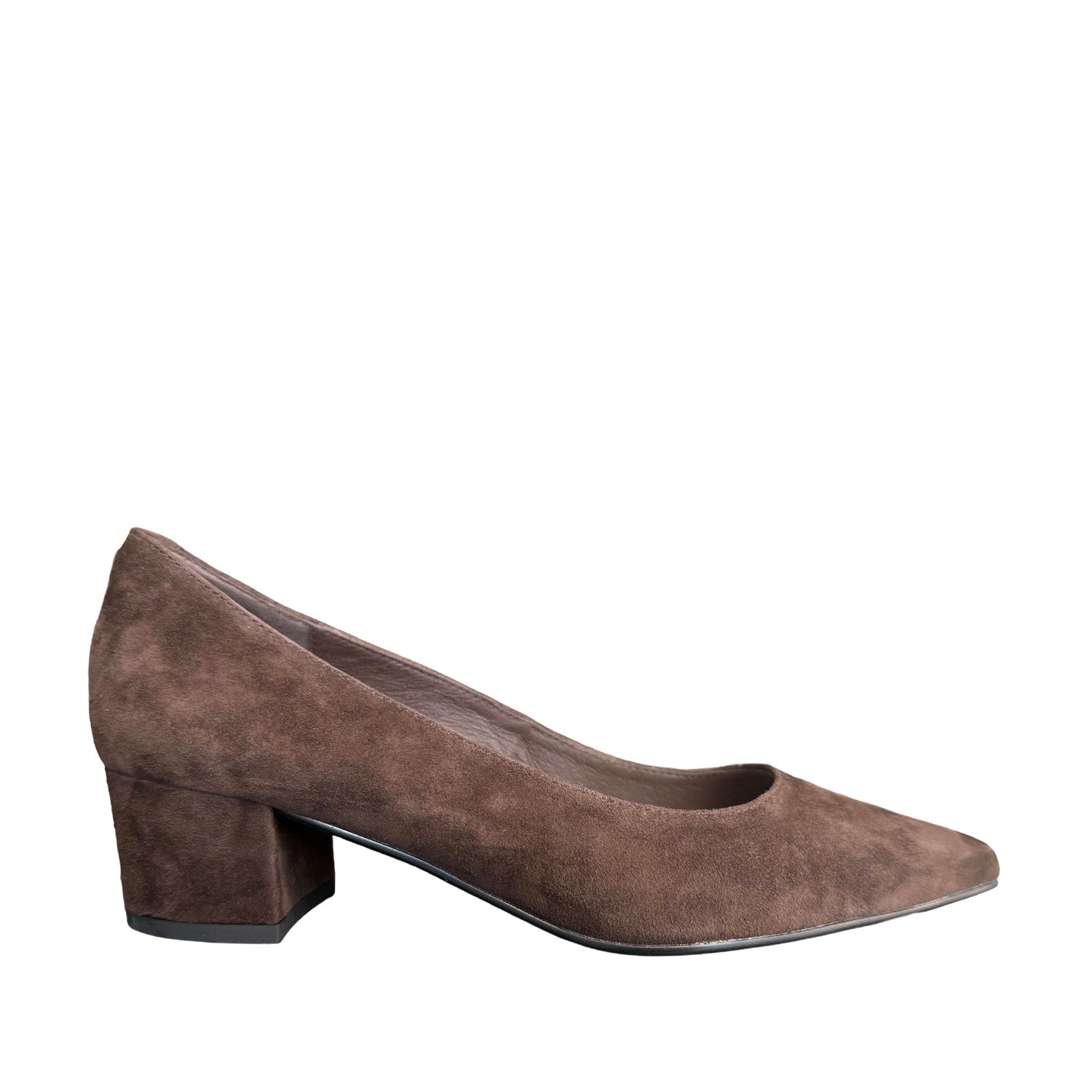 brown suede pointed-toe low block heel on a white background