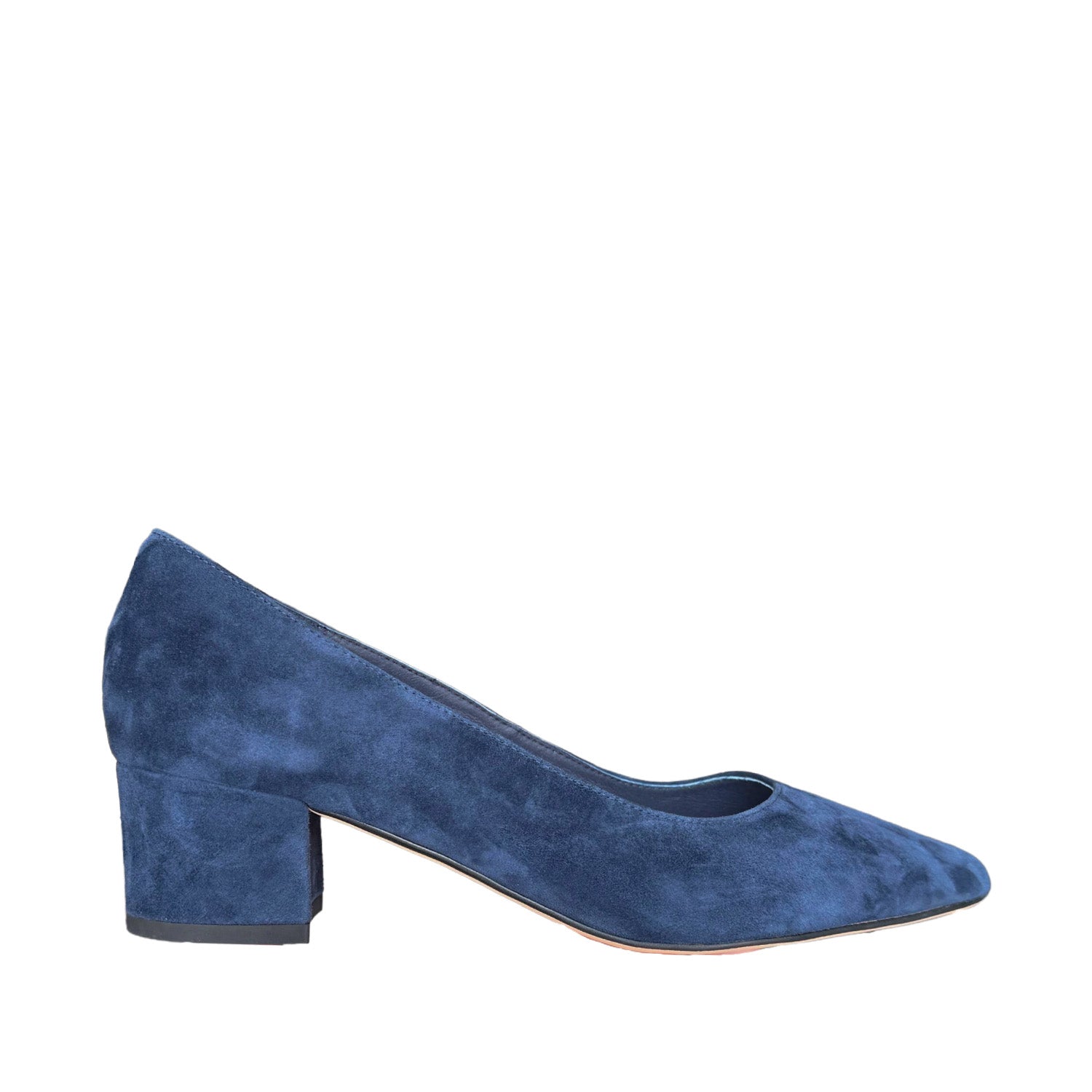 navy suede pointed-toe low block heel on a white background