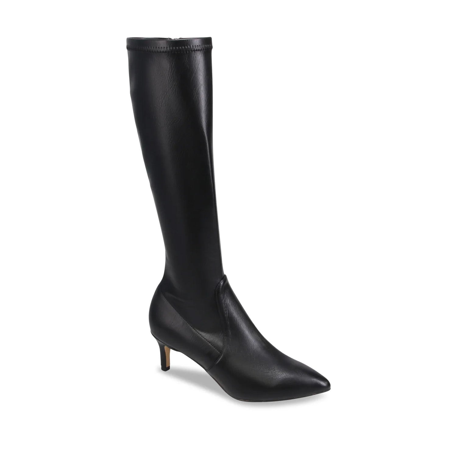 black leather pointed toe heeled knee-high boot on a white background