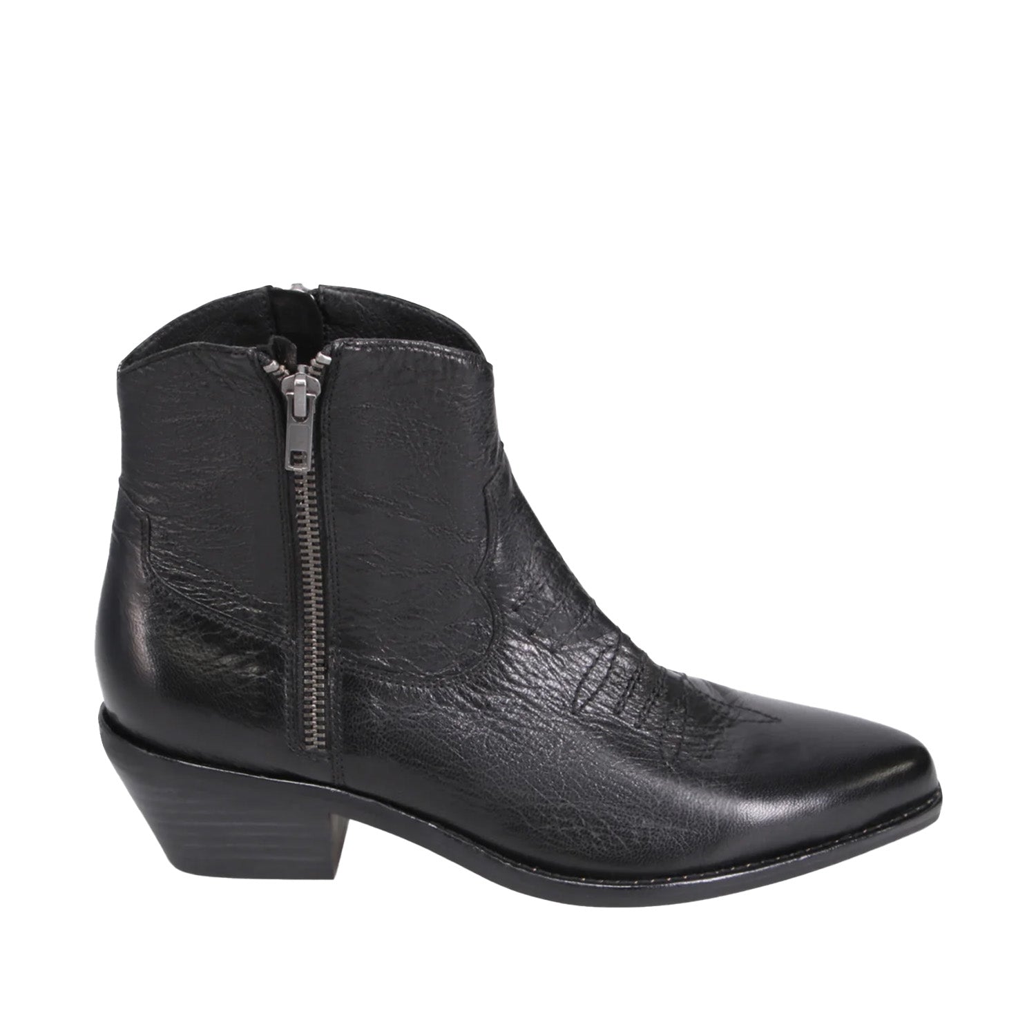 black leather western ankle boot with zipper on a white background